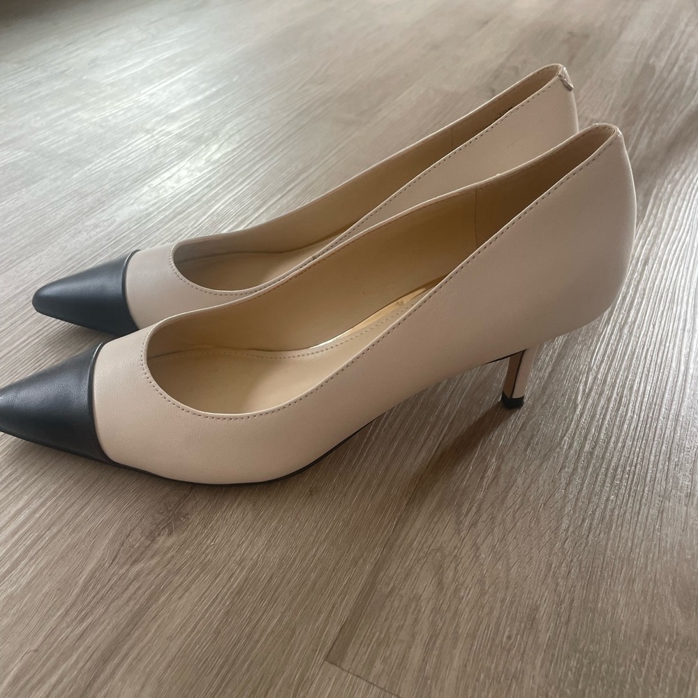 Nine West Two-Tone Pointed Toe Pumps in Cream and Black - Picture 2 of 6